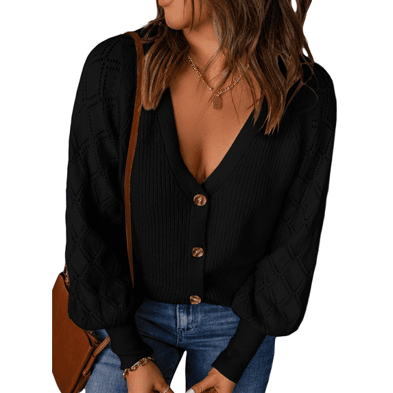 Womens Lantern Long Sleeve Cardigans V Neck Open Front Button Down Knit Cardigan Sweaters