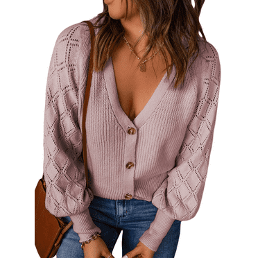 Womens Lantern Long Sleeve Cardigans V Neck Open Front Button Down Knit Cardigan Sweaters