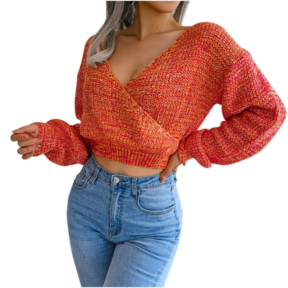 Womens Lantern Long Sleeve Deep V Neck Crop Sweater Tops Trendy Knitted Fall Sweater Pullover for Women