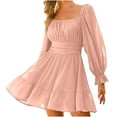 thumbnail image 1 of Womens Lantern Long Sleeve Mini Chiffon Dresses Ruched Square Neck High Waist Dress Loose Ruffle Summer Swing Dress, 1 of 7