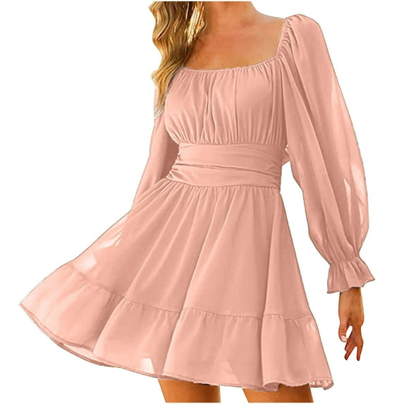 Womens Lantern Long Sleeve Mini Chiffon Dresses Ruched Square Neck High Waist Dress Loose Ruffle Summer Swing Dress
