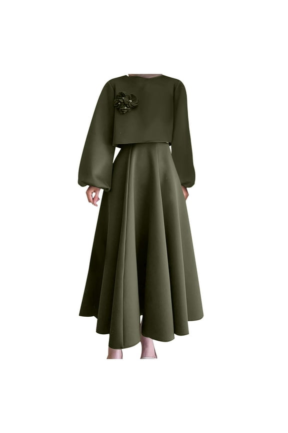 Womens Lantern Sleeve Flower Applique Top with High Waisted Aline Maxi Skirt Elegant 2 Piece Dress Sets