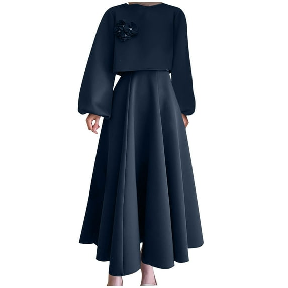 Womens Lantern Sleeve Flower Applique Top with High Waisted Aline Maxi Skirt Elegant 2 Piece Dress Sets