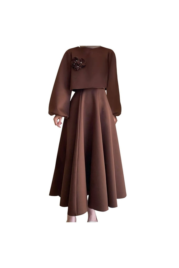 Womens Lantern Sleeve Flower Applique Top with High Waisted Aline Maxi Skirt Elegant 2 Piece Dress Sets