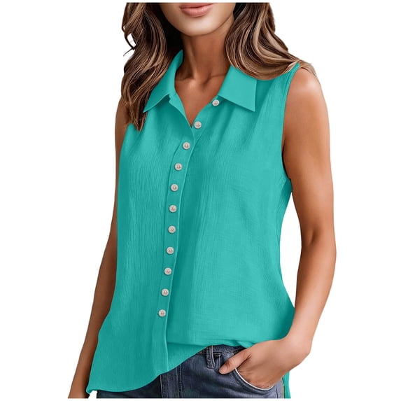 Womens Lapal Tank Tops, Sleeveless Shirts for Women Summer Lightweight Casual Cotton Linen Button Down Dressy Blouses