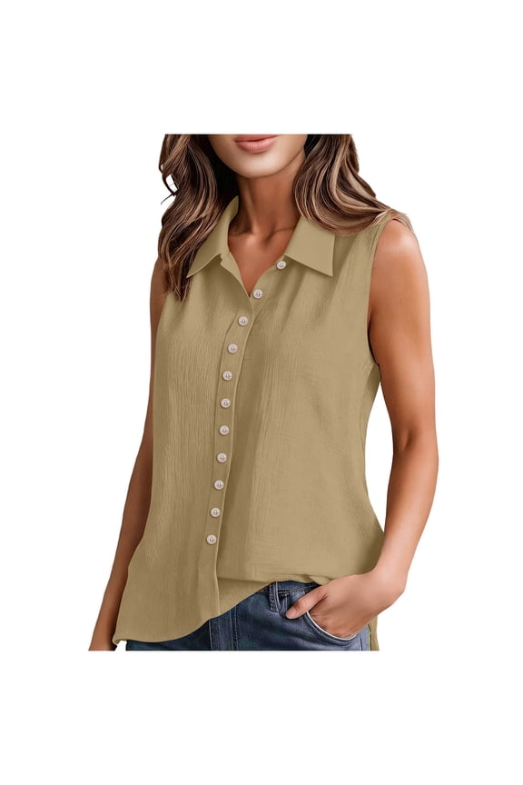 Womens Lapal Tank Tops, Sleeveless Shirts for Women Summer Lightweight Casual Cotton Linen Button Down Dressy Blouses