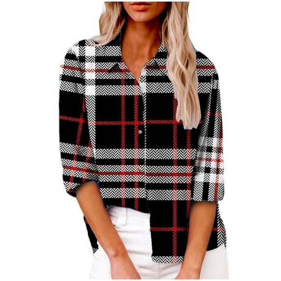 Womens Lapel Button Blouse Long Sleeve Linen Shirts with Pockets Loose-Fit Plaid Printed Casual Tops