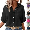thumbnail image 1 of Womens Lapel Button Down Shirts Short Sleeve Fitted Button Up Dress Shirt Solid Color Collared Blouse Wrinkle Work Business Top with Pocket Casual Elbow Length Half Sleeve Blouse, 1 of 7