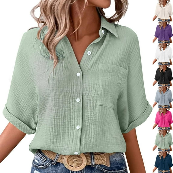Womens Lapel Button Down Shirts Short Sleeve Fitted Button Up Dress Shirt Solid Color Collared Blouse Wrinkle Work Business Top with Pocket Casual Elbow Length Half Sleeve Blouse