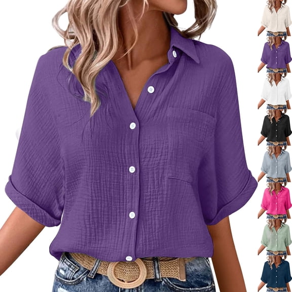 Womens Lapel Button Down Shirts Short Sleeve Fitted Button Up Dress Shirt Solid Color Collared Blouse Wrinkle Work Business Top with Pocket Casual Elbow Length Half Sleeve Blouse