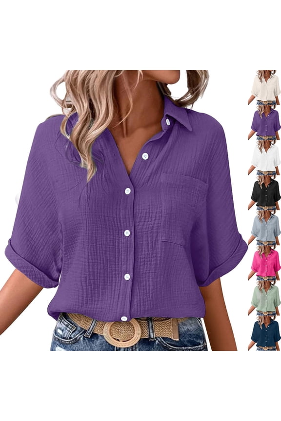 Womens Lapel Button Down Shirts Short Sleeve Fitted Button Up Dress Shirt Solid Color Collared Blouse Wrinkle Work Business Top with Pocket Casual Elbow Length Half Sleeve Blouse
