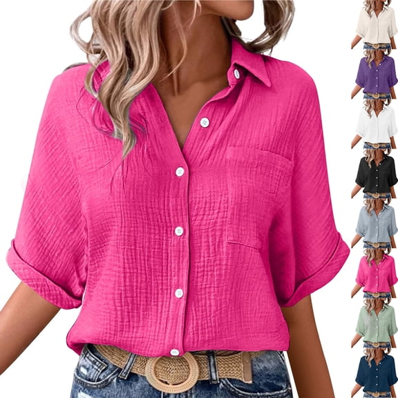 Womens Lapel Button Down Shirts Short Sleeve Fitted Button Up Dress Shirt Solid Color Collared Blouse Wrinkle Work Business Top with Pocket Casual Elbow Length Half Sleeve Blouse