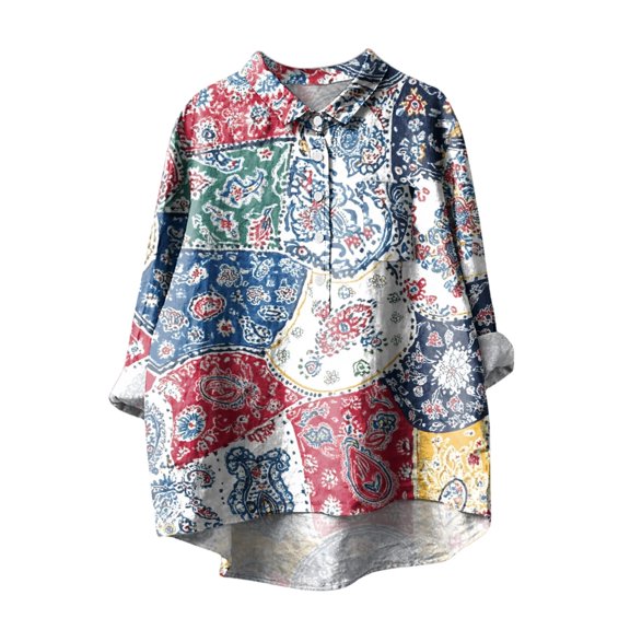 Womens Lapel Collar Button Shirt Casual Vintage Boho Retro Floral Print Tunic Blouses Tops Long Sleeve Loose Fit Pullover