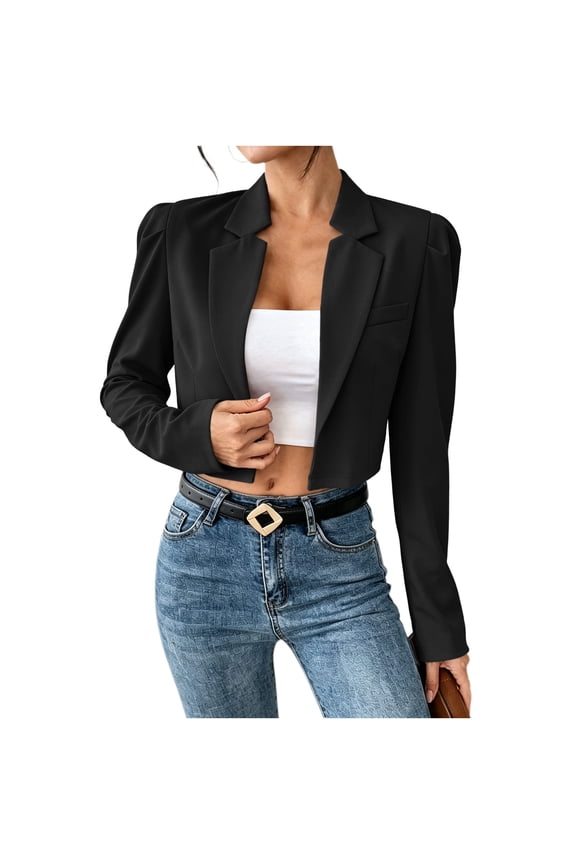 Womens Lapel Collar Cropped Jacket Long Sleeve Open Front Casual Commuter Outerwear Coat Black XS(XS)