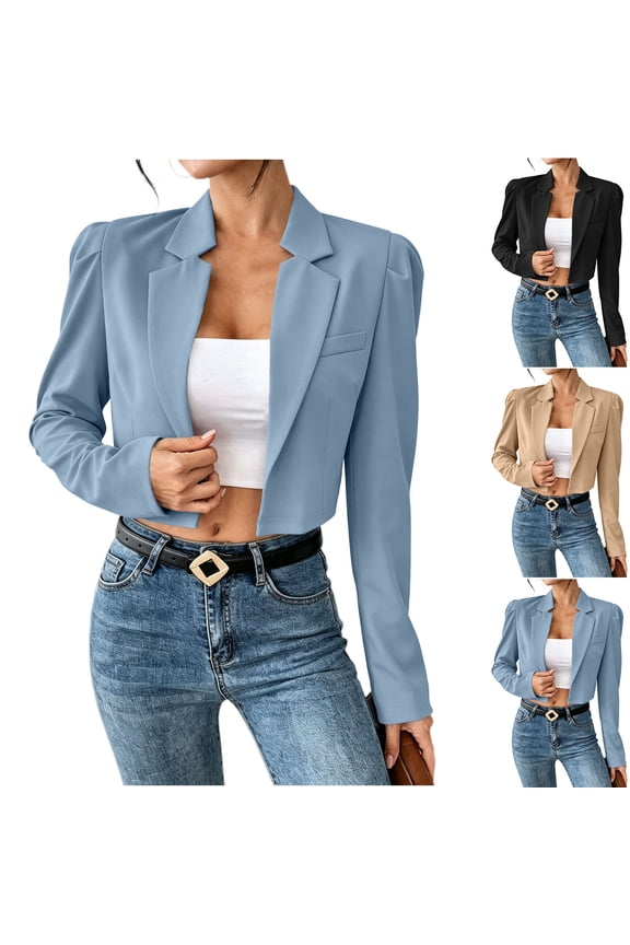 Womens Lapel Collar Cropped Jacket Long Sleeve Open Front Casual Commuter Outerwear Coat Sky Blue XS(XS)