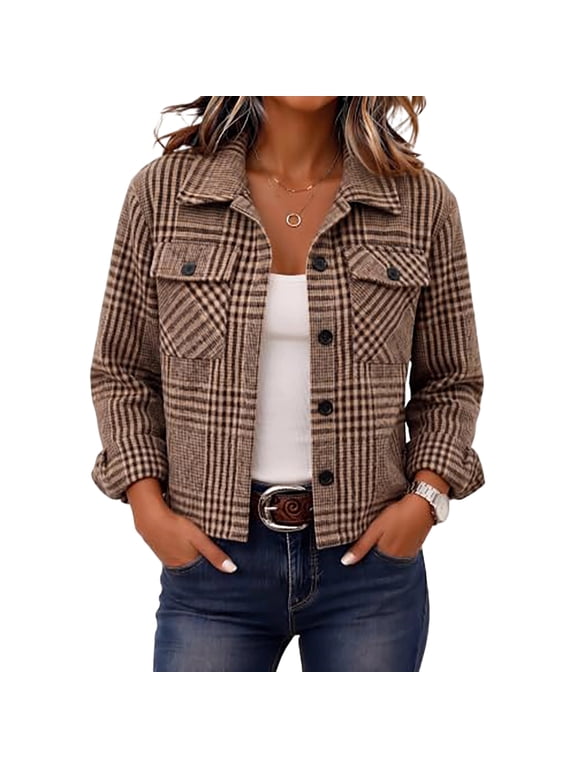 Womens Lapel Collar Houndstooth Plaid Jacket Shacket Coat Outerwear Casual Fall Wear L