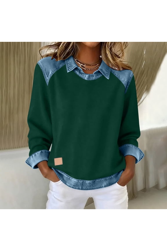 Womens Lapel Collar Solid Tunic - Long Sleeve Denim Patchwork Stitching Pullover Sweatshirt Casual Fashion Soft Cozy Breathable Lightweight Daily Basic Wear Green S