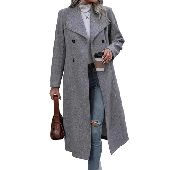Womens -Lapel Double Breasted Wool Blend Mid Long Pea Trench Coat Gray XL