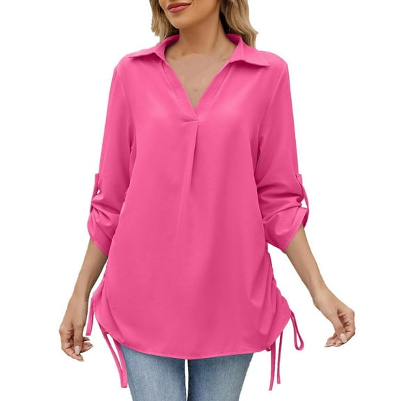 Womens Lapel Dressy Blouses, Long Sleeve Shirts for Women Fall Lightweight Casual Vintage Solid Color V Neck T-Shirts S-2XL