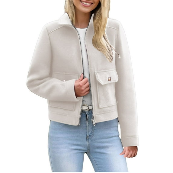 Womens Lapel Jacket with Pockets, Fall Coats for Women Fashion Loose Fit Solid Color Warmth Cropped Fleece Zip Up Jacket S-L