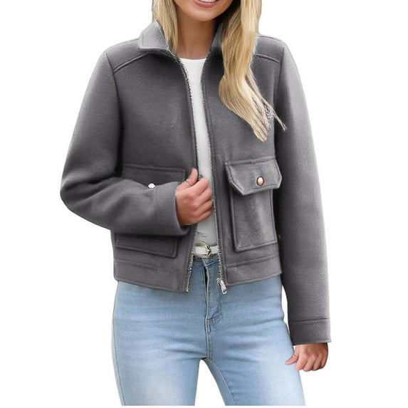 Womens Lapel Jacket with Pockets, Fall Coats for Women Fashion Loose Fit Solid Color Warmth Cropped Fleece Zip Up Jacket S-L