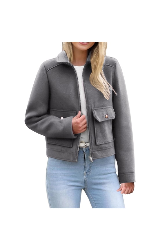Womens Lapel Jacket with Pockets, Fall Coats for Women Fashion Loose Fit Solid Color Warmth Cropped Fleece Zip Up Jacket S-L