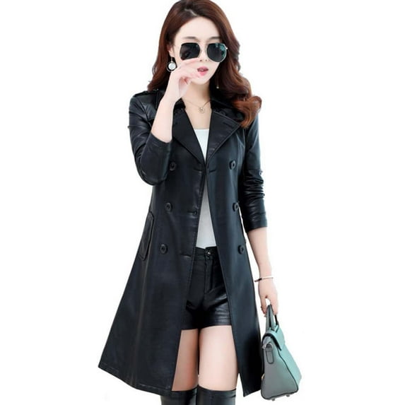 Womens Lapel PU Faux Leather Jacket Suit Coat Fall Winter Outerwears Trench Coat for Ladies