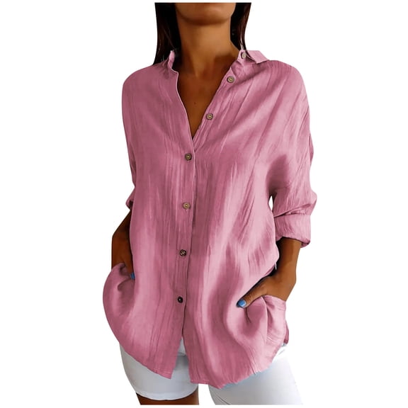 Womens Lapel Plus Size Tops, Long Sleeve Shirts for Women Lightweight Casual Cotton Linen Solid Color Button Down Dressy Blouses S-5XL