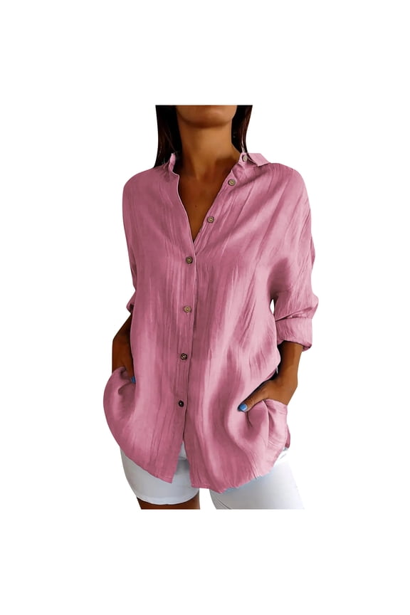 Womens Lapel Plus Size Tops, Long Sleeve Shirts for Women Lightweight Casual Cotton Linen Solid Color Button Down Dressy Blouses S-5XL