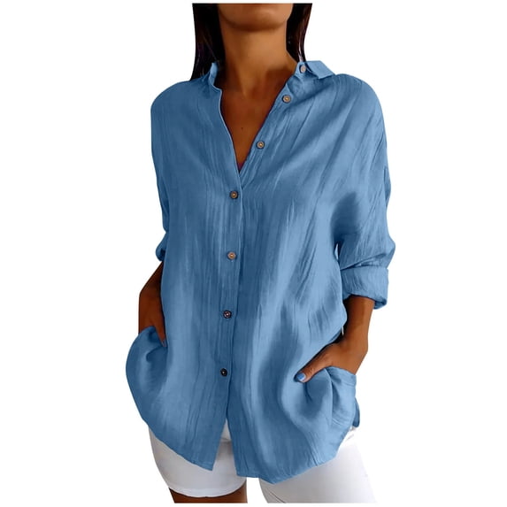 Womens Lapel Plus Size Tops, Long Sleeve Shirts for Women Lightweight Casual Cotton Linen Solid Color Button Down Dressy Blouses S-5XL