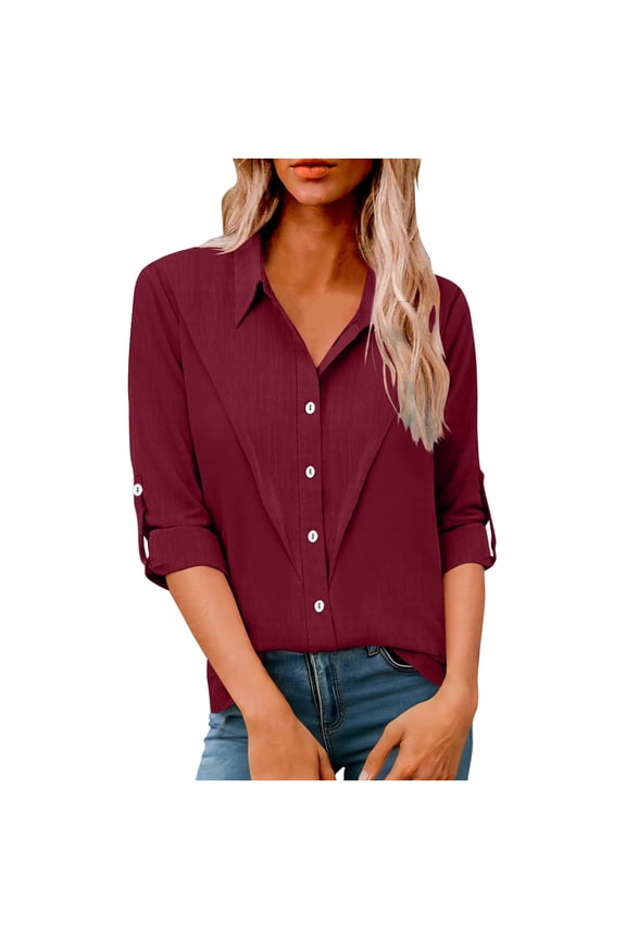 Womens Lapel Rolled Sleeve T-Shirts Button Down Long Sleeve Solid Color Blouses Perfect Tops for Office Work and Outgoing
