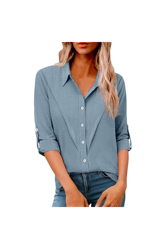 Womens Lapel Rolled Sleeve T-Shirts Button Down Long Sleeve Solid Color Blouses Perfect Tops for Office Work and Outgoing