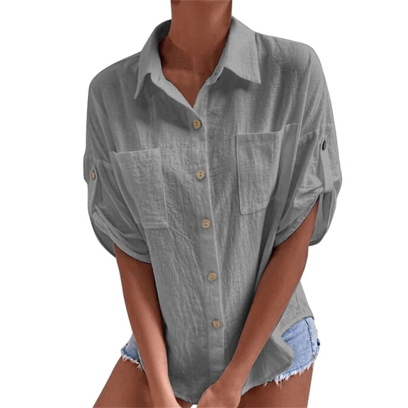Womens Lapel Short Sleeve Top Shirt Button Pocket Top Shirt Blouse