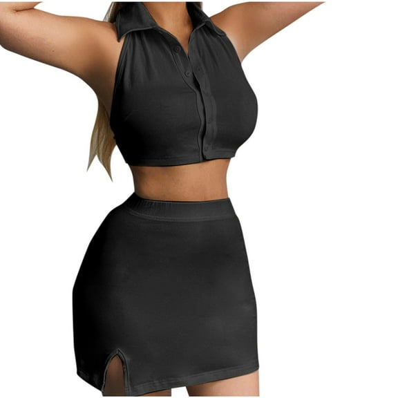 Womens Lapel Sleeveless Top And Pack Skirt Set Solid Color Set Two Piece Set