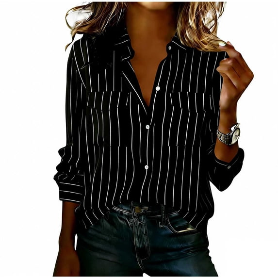 Womens Lapel Spring Clothes, Long Sleeve Shirts for Women Casual Vintage Striped Printed Button Down Dressy Blouses with Pockets