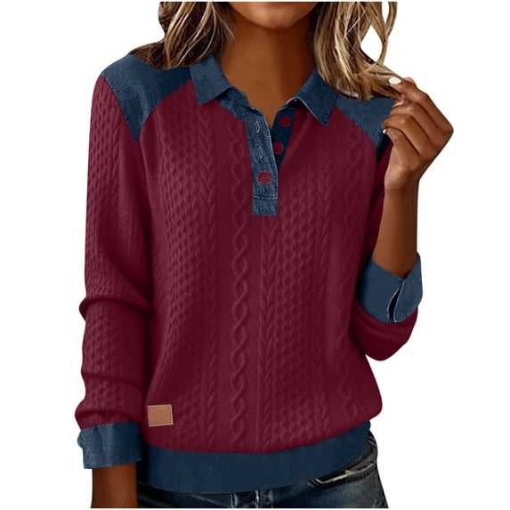 Womens Lapel Summer Tops, Long Sleeve Shirts for Women Spring Fashion Knitted Denim Patchwork Button Up T-Shirts