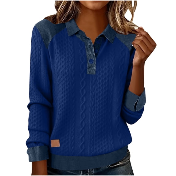 Womens Lapel Summer Tops, Long Sleeve Shirts for Women Spring Fashion Knitted Denim Patchwork Button Up T-Shirts
