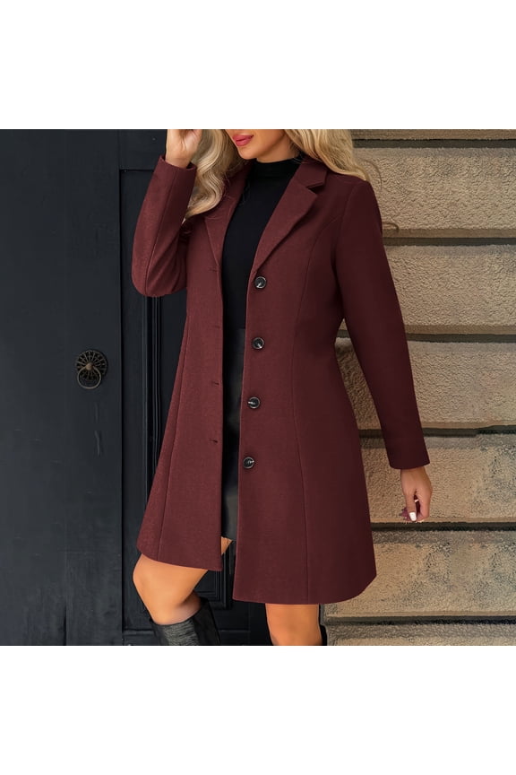 Womens Lapel Woolen Coat Plus Size Elegant Mid Length Jacket Warm Overcoat Fall Winter Office Work Outerwear New Waterproof Jackets for Women Wine S