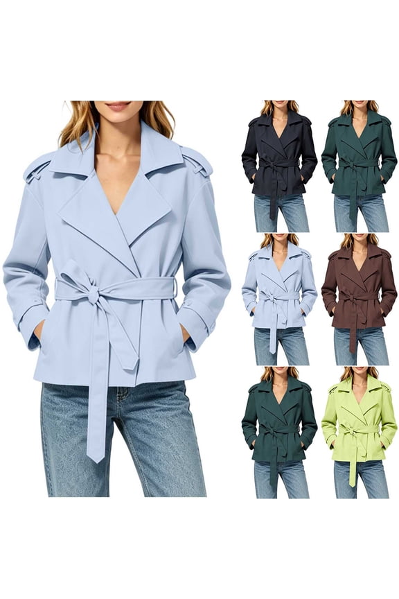 Womens Lapel Wrap Belted Short Trench Jackets Long Sleeve Fall Winter Wind Coat