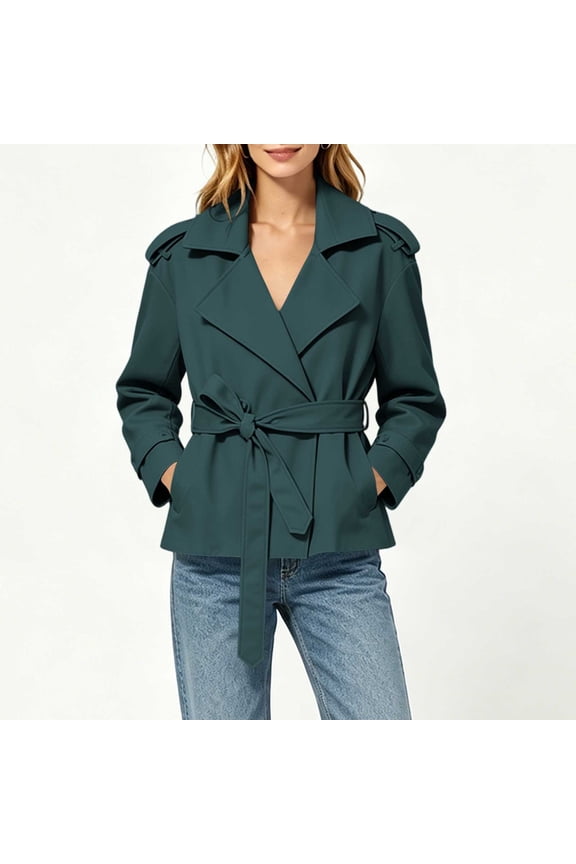 Womens Lapel Wrap Belted Short Trench Jackets Long Sleeve Fall Winter Wind Coat