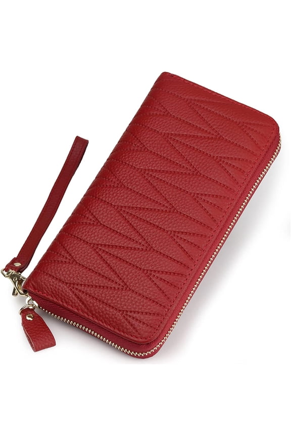 Womens Large Capacity Credit Card Wallet Embossed Leather Phone Holder Wristlet Clutch RFID Blocking Zip Around Card Organizer (Red), WL-019