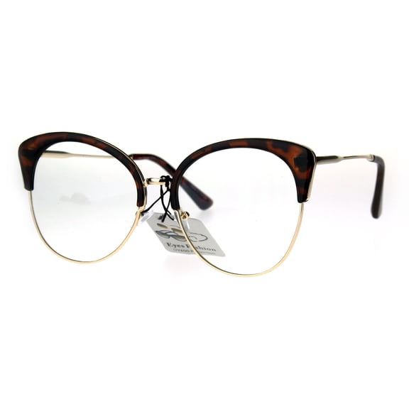 Womens Large Cat Eye Half Rim Clear Lens Fashion Glasses Tortoise Gold