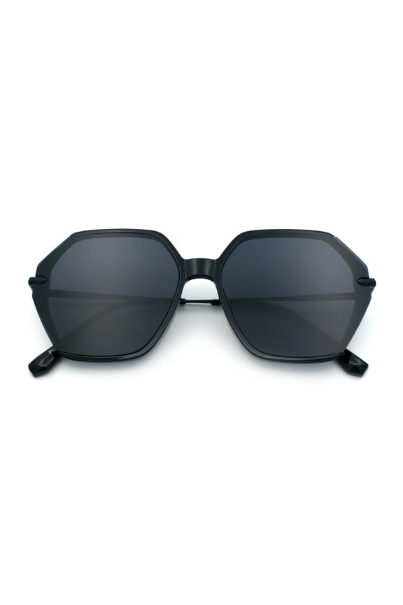 Womens Large Fancy Octagonal Retro Designer Mod Fashion Sunglasses All Black