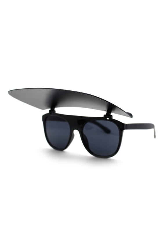 Womens Large Flip Up Visor Flat Top Horn Rim Plastic Sunglasses All Black