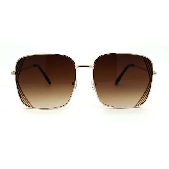 Womens Large Rectangular Metal Rim Designer Sunglasses Gold Brown
