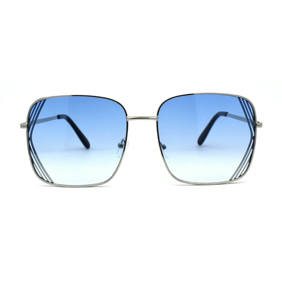 Womens Large Rectangular Metal Rim Designer Sunglasses Silver Blue