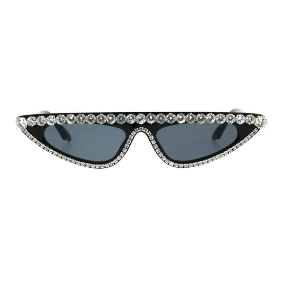Womens Large Rhinestone Bling Flat Top Narrow Cat Eye Goth Sunglasses Black