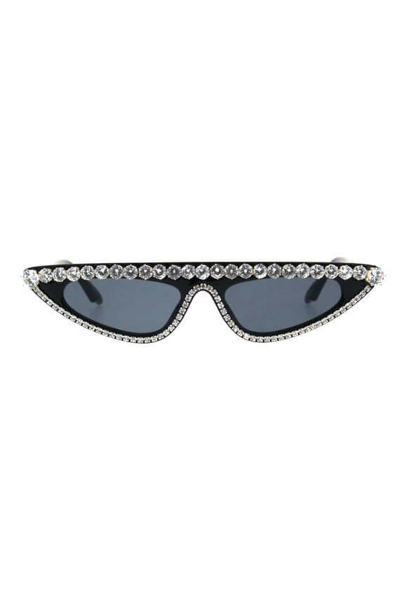 Womens Large Rhinestone Bling Flat Top Narrow Cat Eye Goth Sunglasses Black