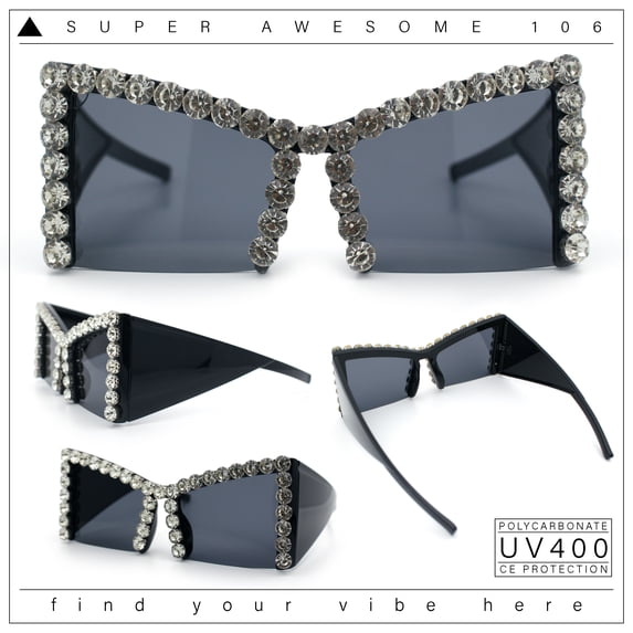 Womens Large Rhinestone Bold Angular Squared Rectangle Plastic Sunglasses All Black