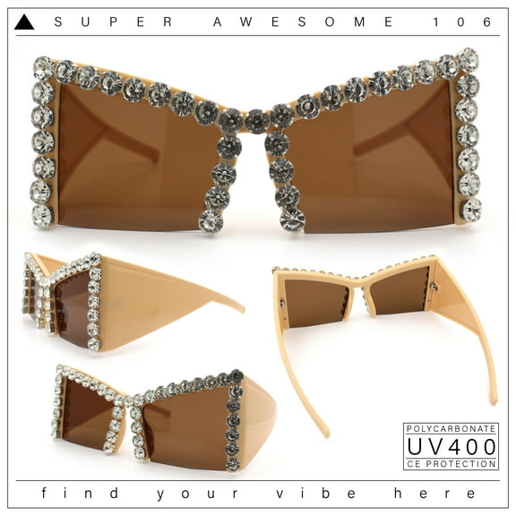 Womens Large Rhinestone Bold Angular Squared Rectangle Plastic Sunglasses Beige - Brown